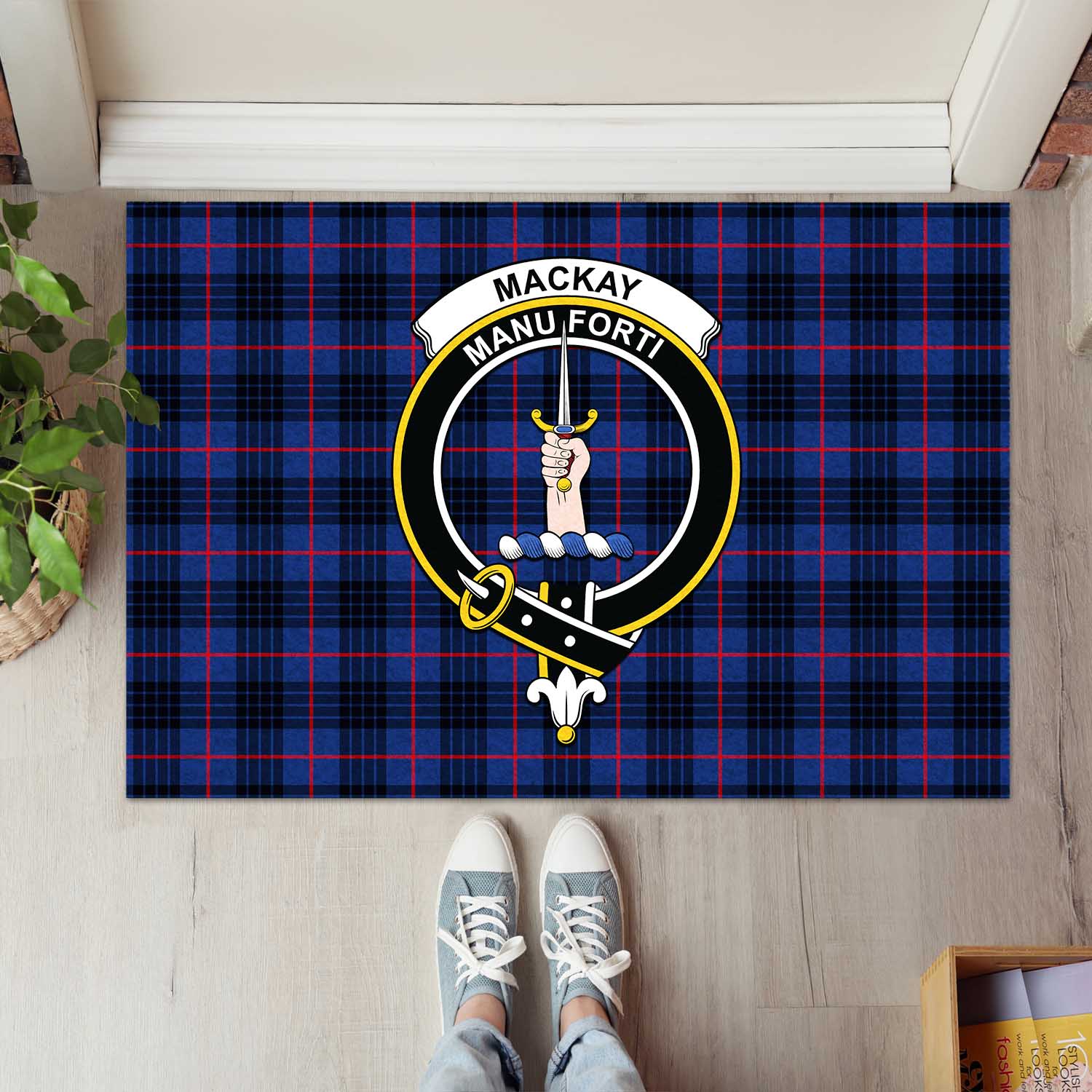 MacKay Blue Modern Tartan Door Mat with Family Crest - Tartanvibesclothing