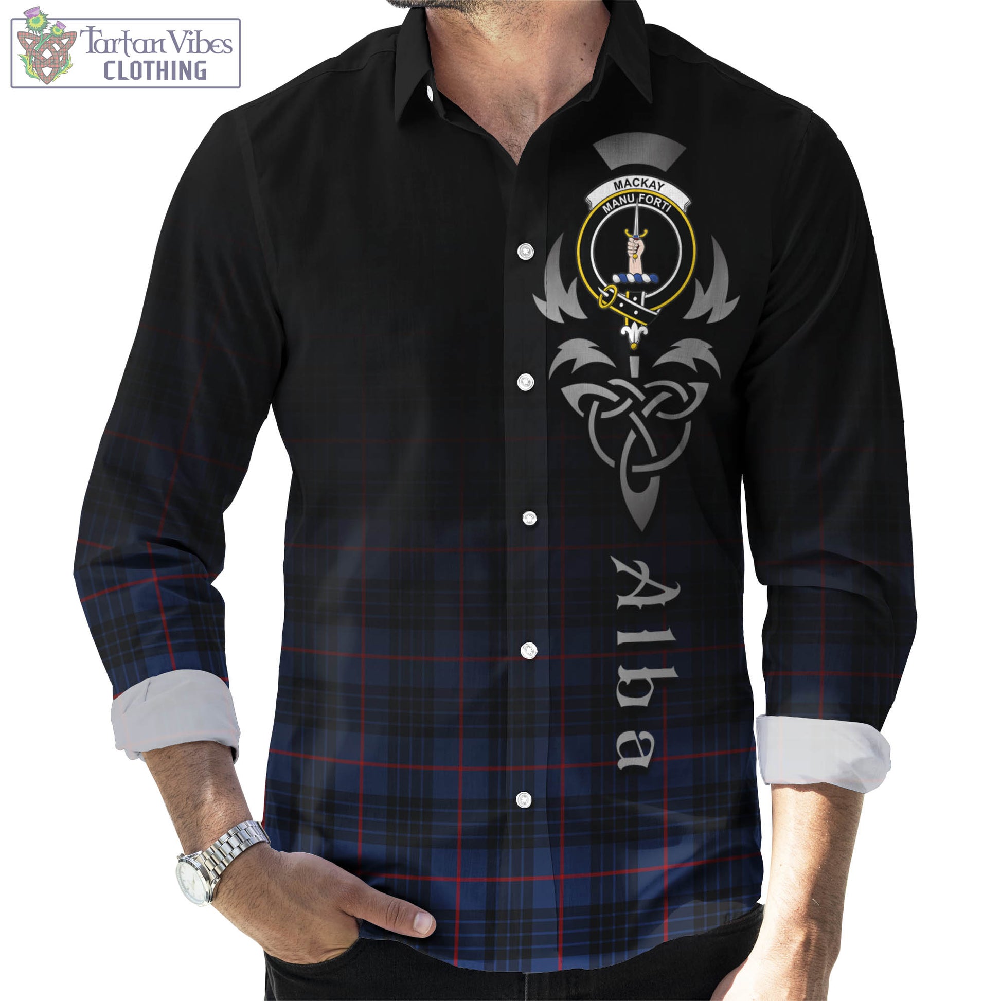 Tartan Vibes Clothing MacKay Blue Modern Tartan Long Sleeve Button Up Featuring Alba Gu Brath Family Crest Celtic Inspired