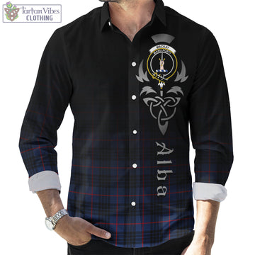 MacKay Blue Modern Tartan Long Sleeve Button Up Featuring Alba Gu Brath Family Crest Celtic Inspired