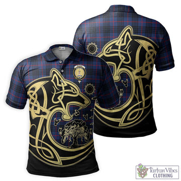 MacKay Blue Modern Tartan Polo Shirt with Family Crest Celtic Wolf Style