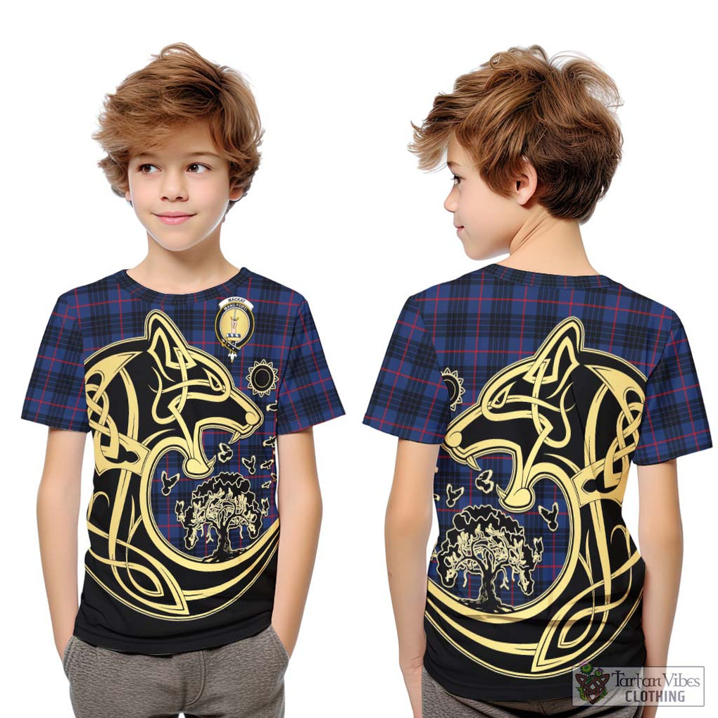 MacKay Blue Modern Tartan Kid T-Shirt with Family Crest Celtic Wolf Style Youth XL Size14 - Tartan Vibes Clothing