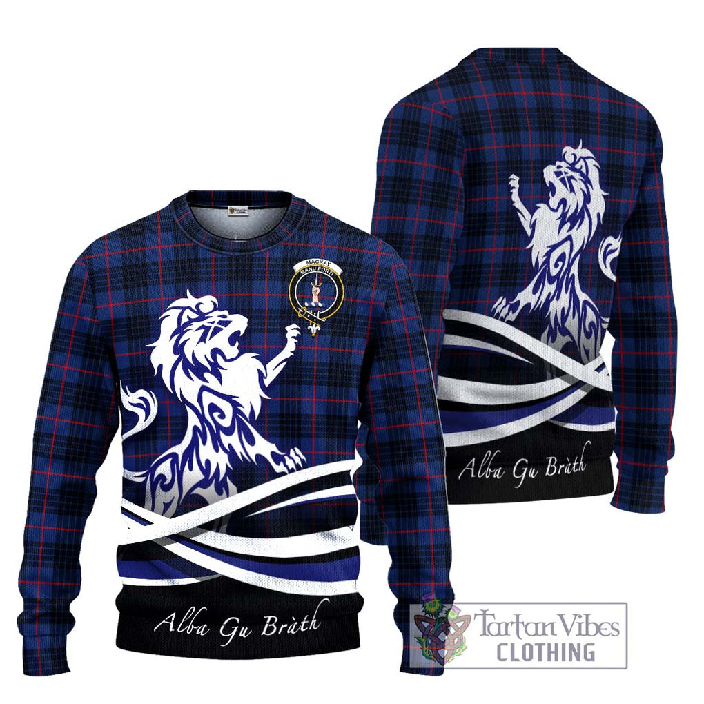 MacKay Blue Modern Tartan Knitted Sweater with Alba Gu Brath Regal Lion Emblem Unisex - Tartanvibesclothing Shop