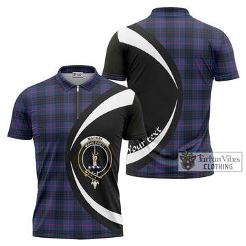 MacKay Blue Modern Tartan Zipper Polo Shirt with Family Crest Circle Style