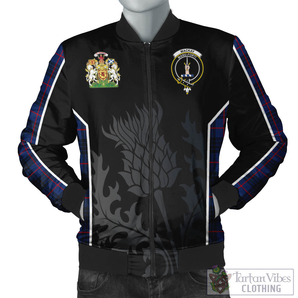 Tartan Vibes Clothing MacKay Blue Modern Tartan Bomber Jacket with Family Crest and Scottish Thistle Vibes Sport Style