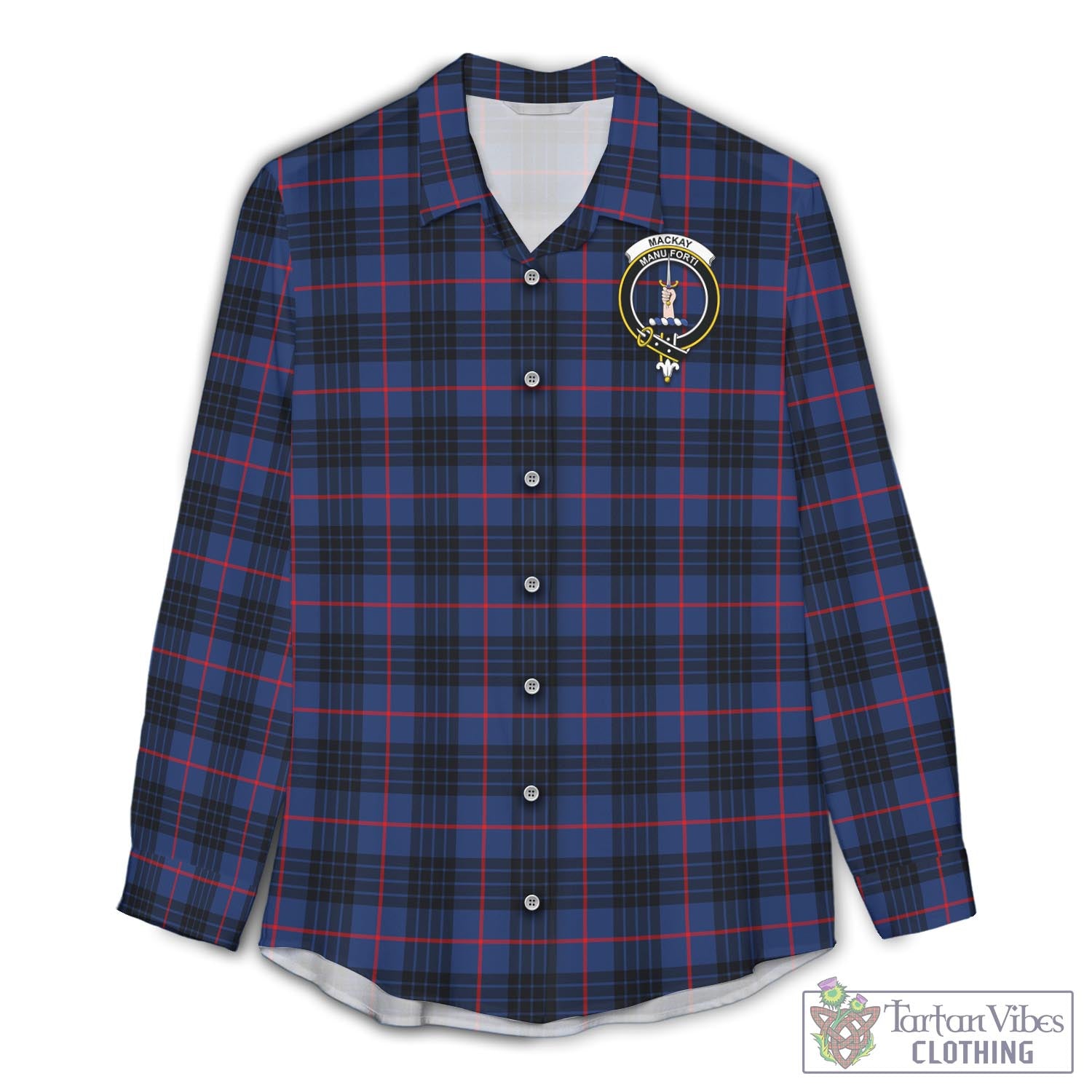 Tartan Vibes Clothing MacKay Blue Modern Tartan Womens Casual Shirt with Family Crest