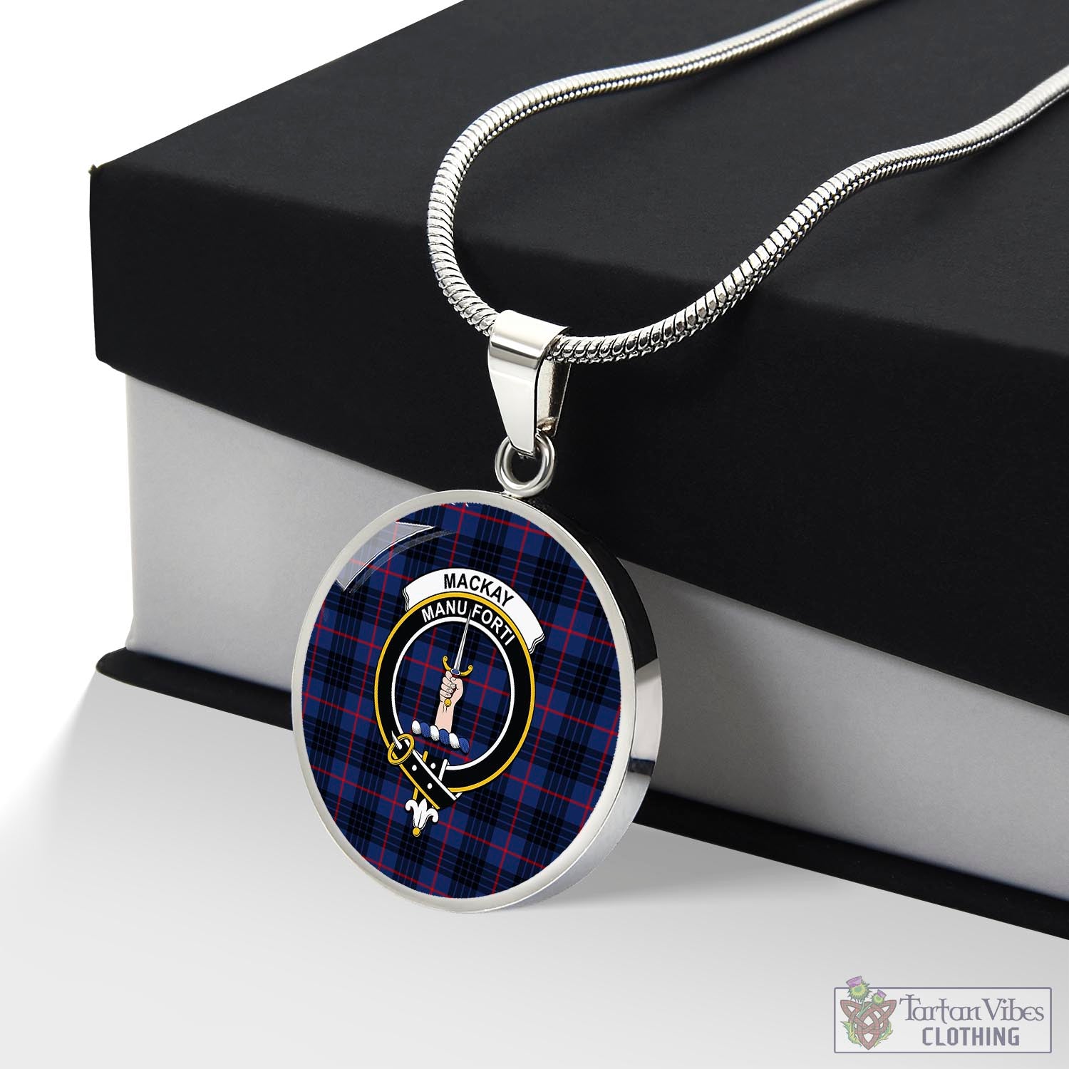 Tartan Vibes Clothing MacKay Blue Modern Tartan Circle Necklace with Family Crest