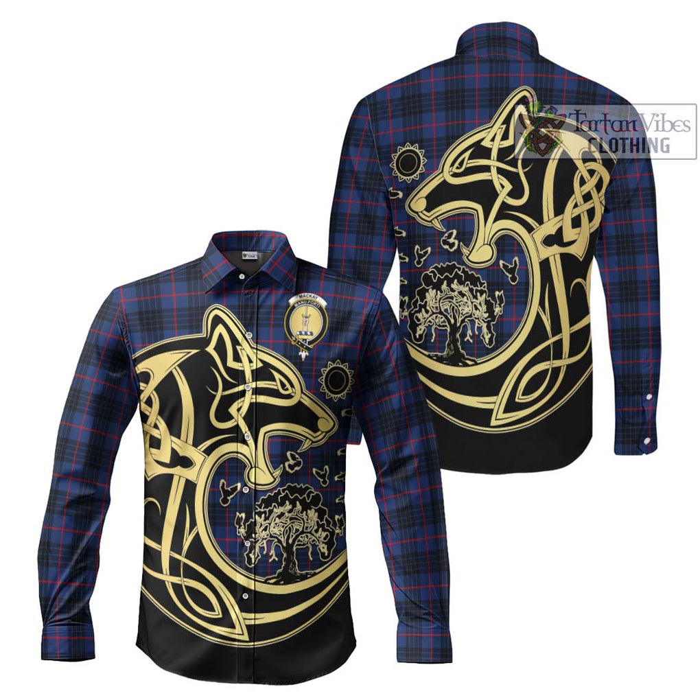 MacKay Blue Modern Tartan Long Sleeve Button Shirt with Family Crest Celtic Wolf Style Men's Shirt S - Tartan Vibes Clothing