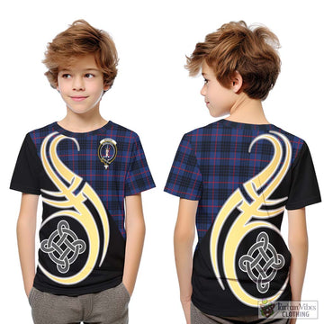 MacKay Blue Modern Tartan Kid T-Shirt with Family Crest and Celtic Symbol Style