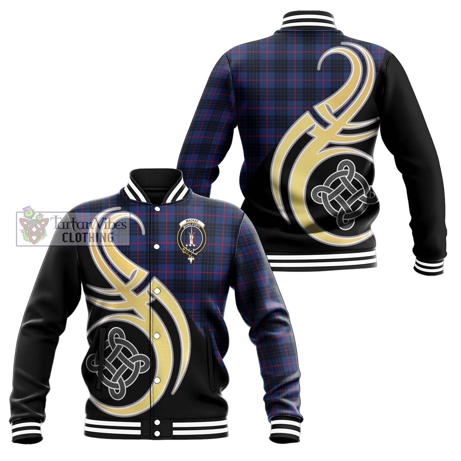 MacKay Blue Modern Tartan Baseball Jacket with Family Crest and Celtic Symbol Style Unisex - Tartan Vibes Clothing