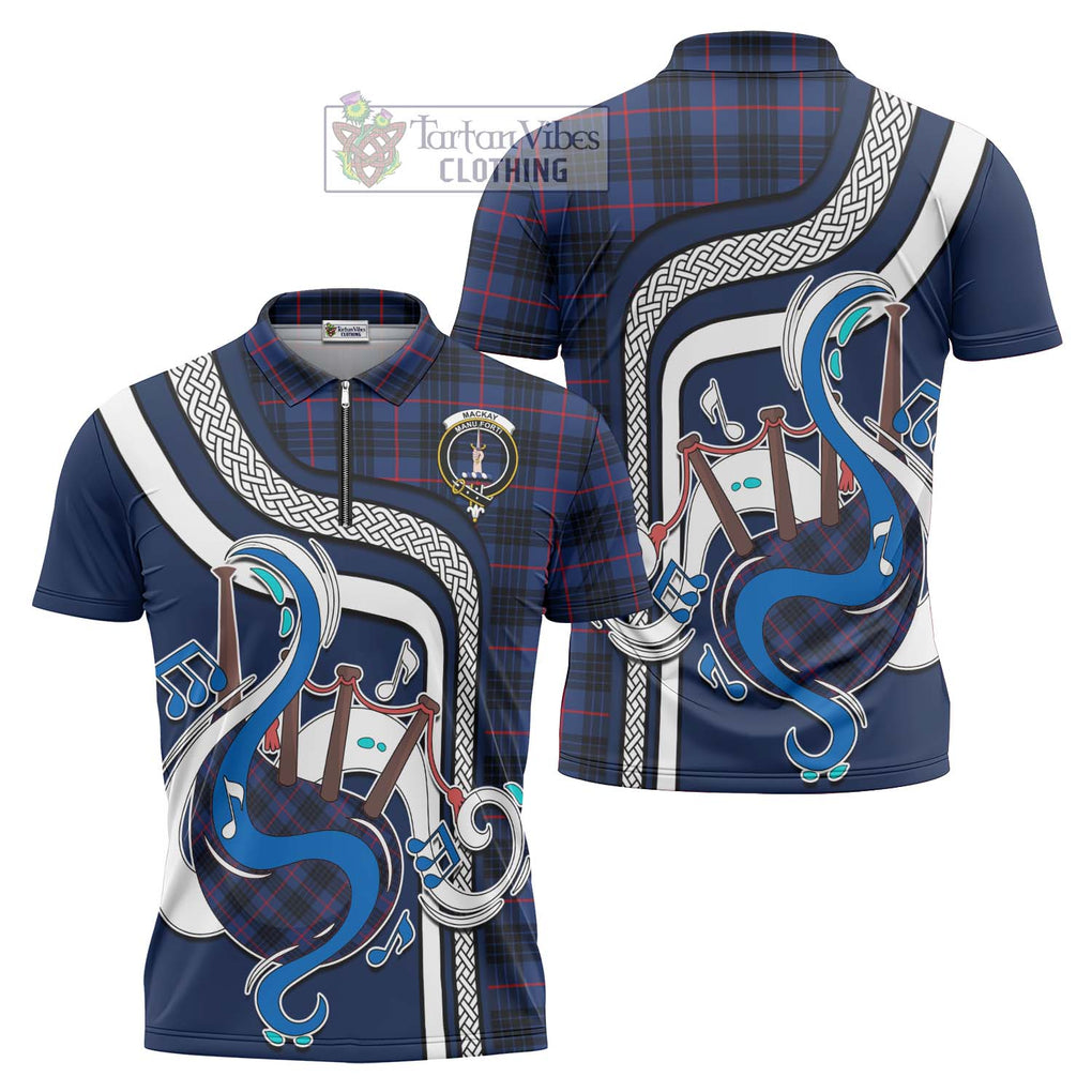 MacKay Blue Modern Tartan Zipper Polo Shirt with Epic Bagpipe Style Unisex - Tartanvibesclothing Shop