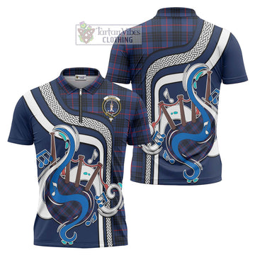 MacKay Blue Modern Tartan Zipper Polo Shirt with Epic Bagpipe Style