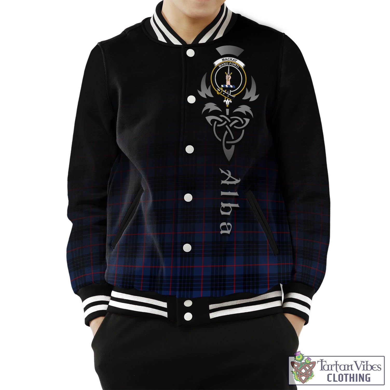 Tartan Vibes Clothing MacKay Blue Modern Tartan Baseball Jacket Featuring Alba Gu Brath Family Crest Celtic Inspired