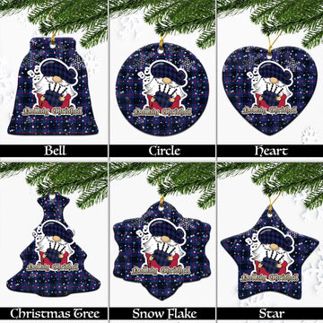 MacKay Blue Modern Tartan Christmas Ceramic Ornaments with Scottish Gnome Playing Bagpipes