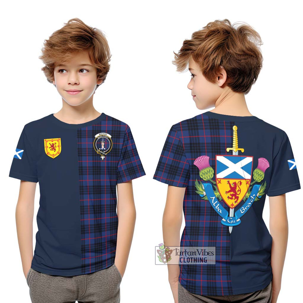 Tartan Vibes Clothing MacKay Blue Modern Tartan Kid T-Shirt with Scottish Lion Royal Arm Half Style