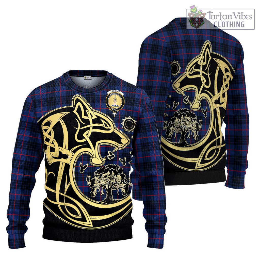 MacKay Blue Modern Tartan Knitted Sweater with Family Crest Celtic Wolf Style Unisex - Tartan Vibes Clothing