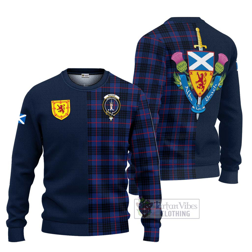 Tartan Vibes Clothing MacKay Blue Modern Tartan Knitted Sweater with Scottish Lion Royal Arm Half Style