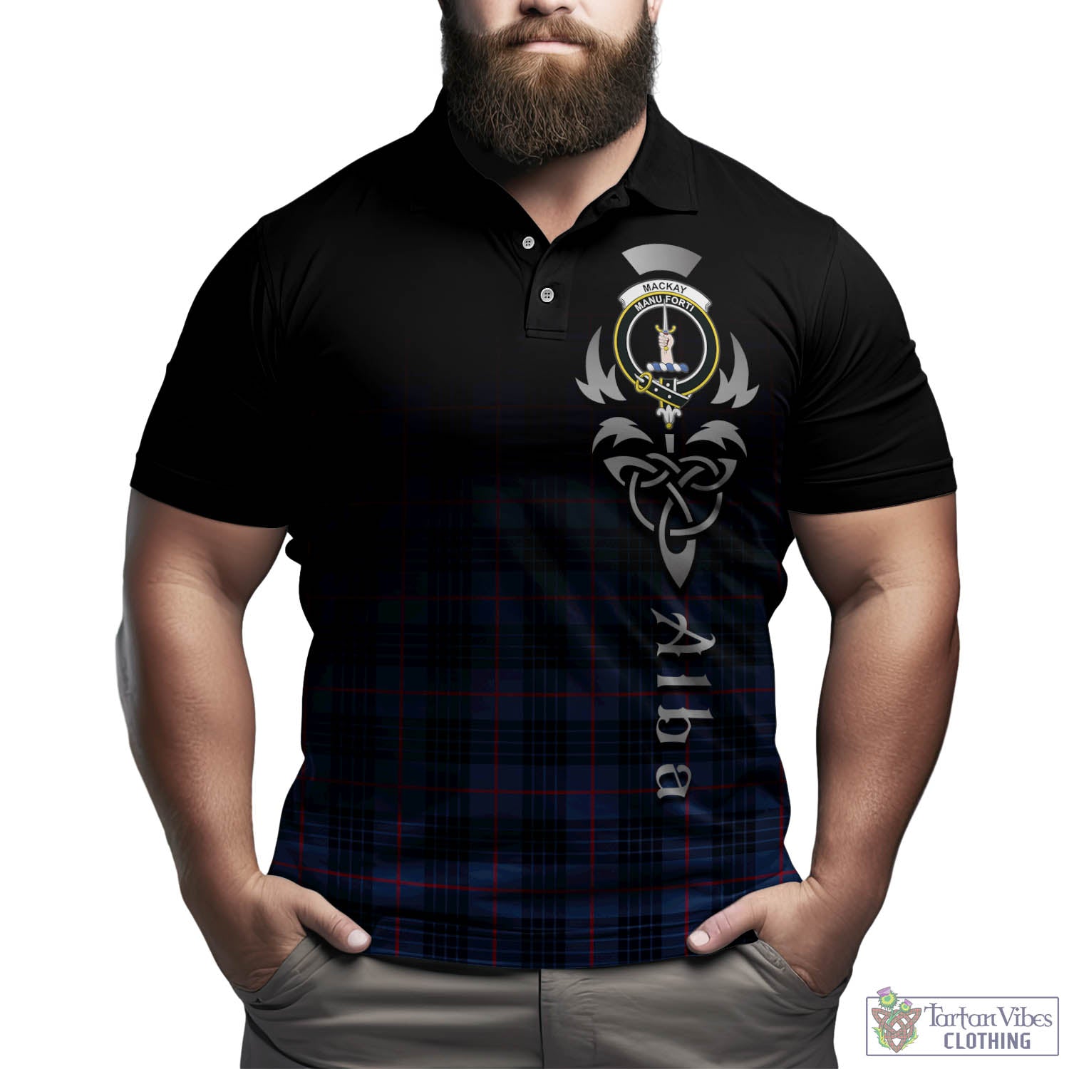 Tartan Vibes Clothing MacKay Blue Modern Tartan Polo Shirt Featuring Alba Gu Brath Family Crest Celtic Inspired