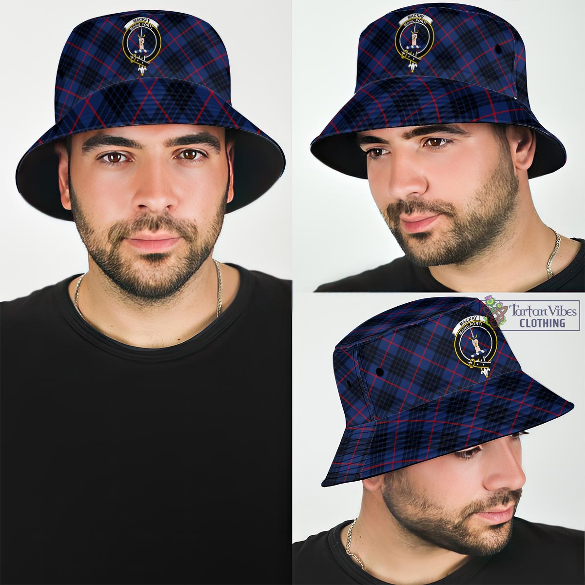 Tartan Vibes Clothing MacKay Blue Modern Tartan Bucket Hat with Family Crest