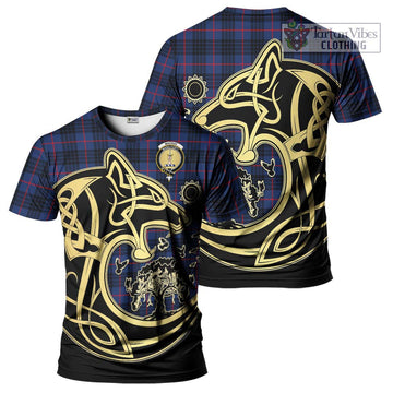 MacKay Blue Modern Tartan T-Shirt with Family Crest Celtic Wolf Style