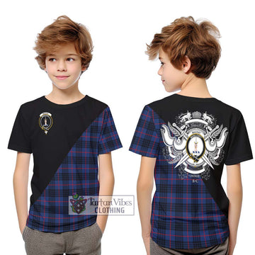 MacKay Blue Modern Tartan Kid T-Shirt with Family Crest and Military Logo Style