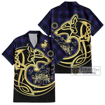 MacKay Blue Modern Tartan Short Sleeve Button Shirt with Family Crest Celtic Wolf Style