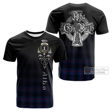 MacKay Blue Modern Tartan Cotton T-shirt Featuring Alba Gu Brath Family Crest Celtic Inspired