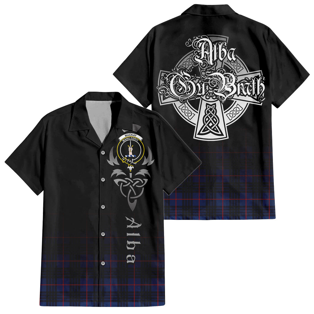 Tartan Vibes Clothing MacKay Blue Modern Tartan Short Sleeve Button Up Featuring Alba Gu Brath Family Crest Celtic Inspired