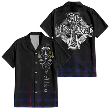 MacKay Blue Modern Tartan Short Sleeve Button Up Shirt Featuring Alba Gu Brath Family Crest Celtic Inspired