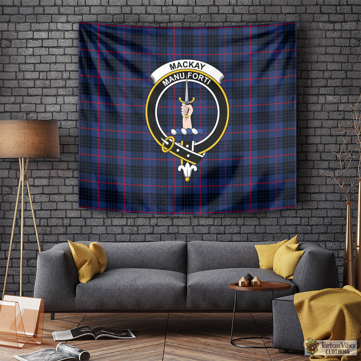 Tartan Vibes Clothing MacKay Blue Modern Tartan Tapestry Wall Hanging and Home Decor for Room with Family Crest