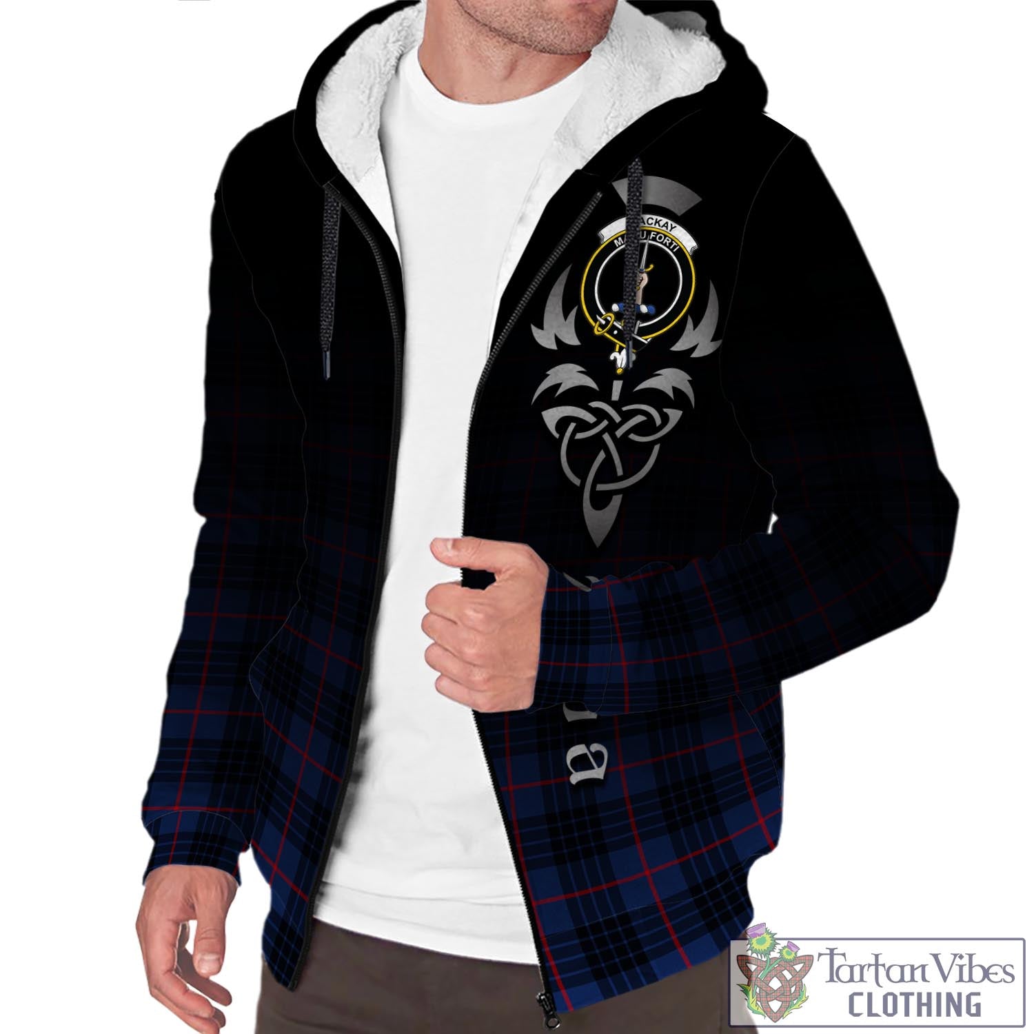 Tartan Vibes Clothing MacKay Blue Modern Tartan Sherpa Hoodie Featuring Alba Gu Brath Family Crest Celtic Inspired