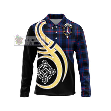 MacKay Blue Modern Tartan Long Sleeve Polo Shirt with Family Crest and Celtic Symbol Style