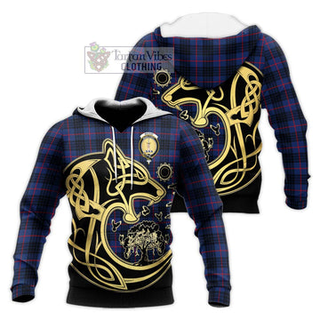 MacKay Blue Modern Tartan Knitted Hoodie with Family Crest Celtic Wolf Style