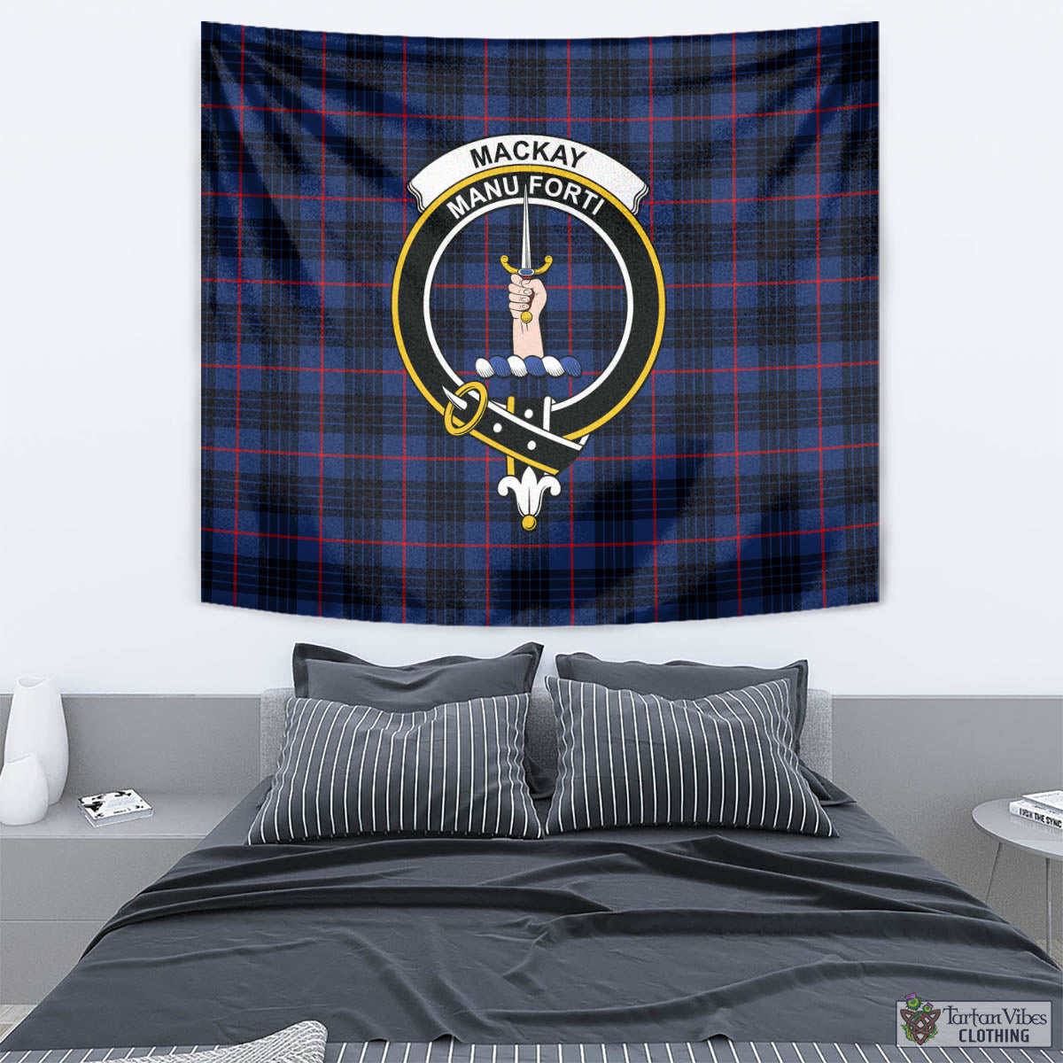 Tartan Vibes Clothing MacKay Blue Modern Tartan Tapestry Wall Hanging and Home Decor for Room with Family Crest