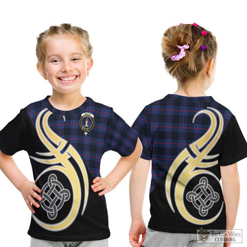 MacKay Blue Modern Tartan Kid T-Shirt with Family Crest and Celtic Symbol Style