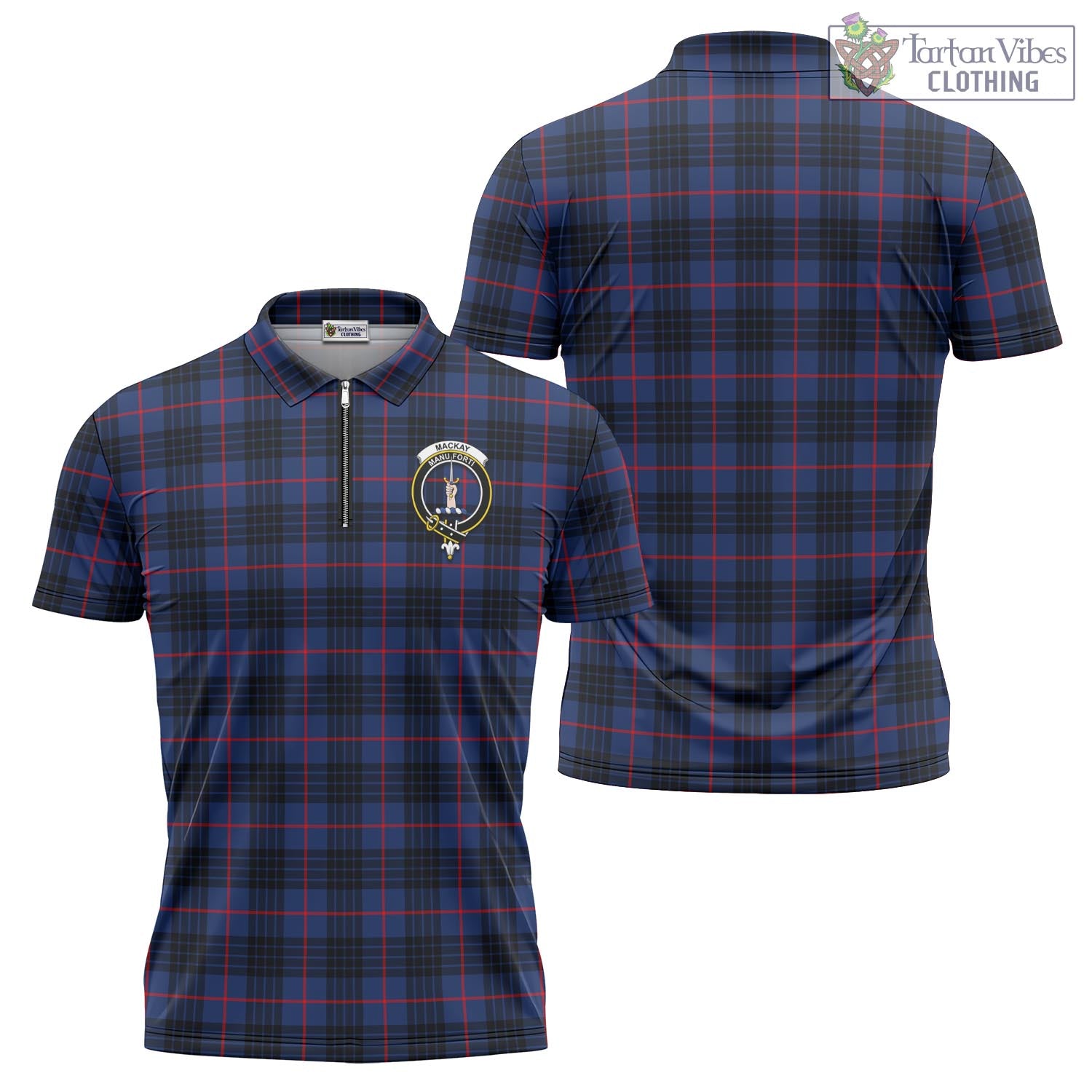 Tartan Vibes Clothing MacKay Blue Modern Tartan Zipper Polo Shirt with Family Crest