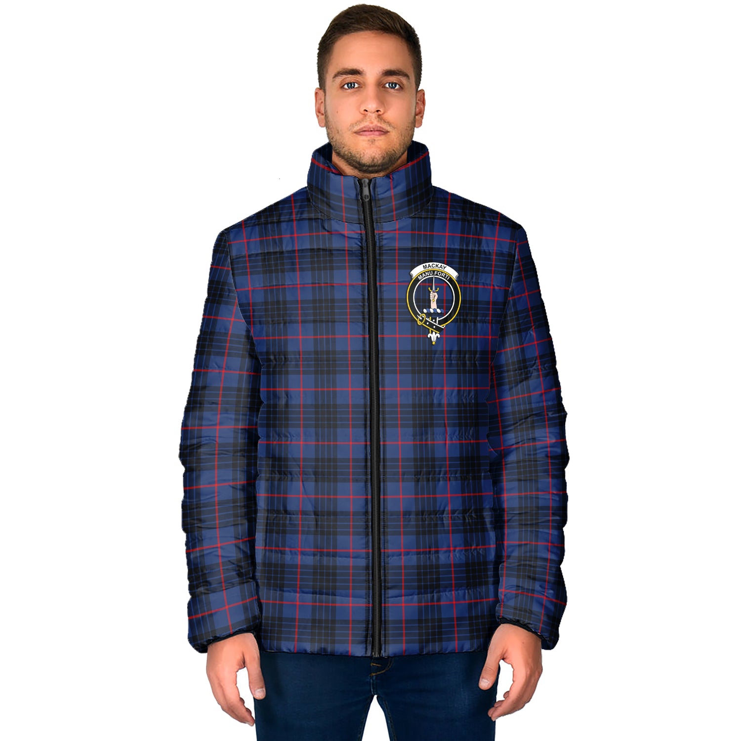 MacKay Blue Modern Tartan Padded Jacket with Family Crest - Tartan Vibes Clothing