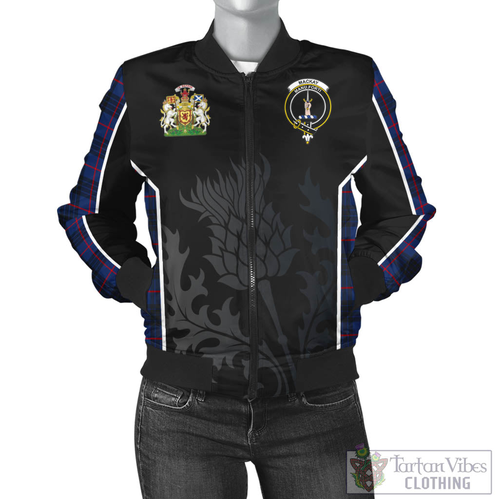 Tartan Vibes Clothing MacKay Blue Modern Tartan Bomber Jacket with Family Crest and Scottish Thistle Vibes Sport Style