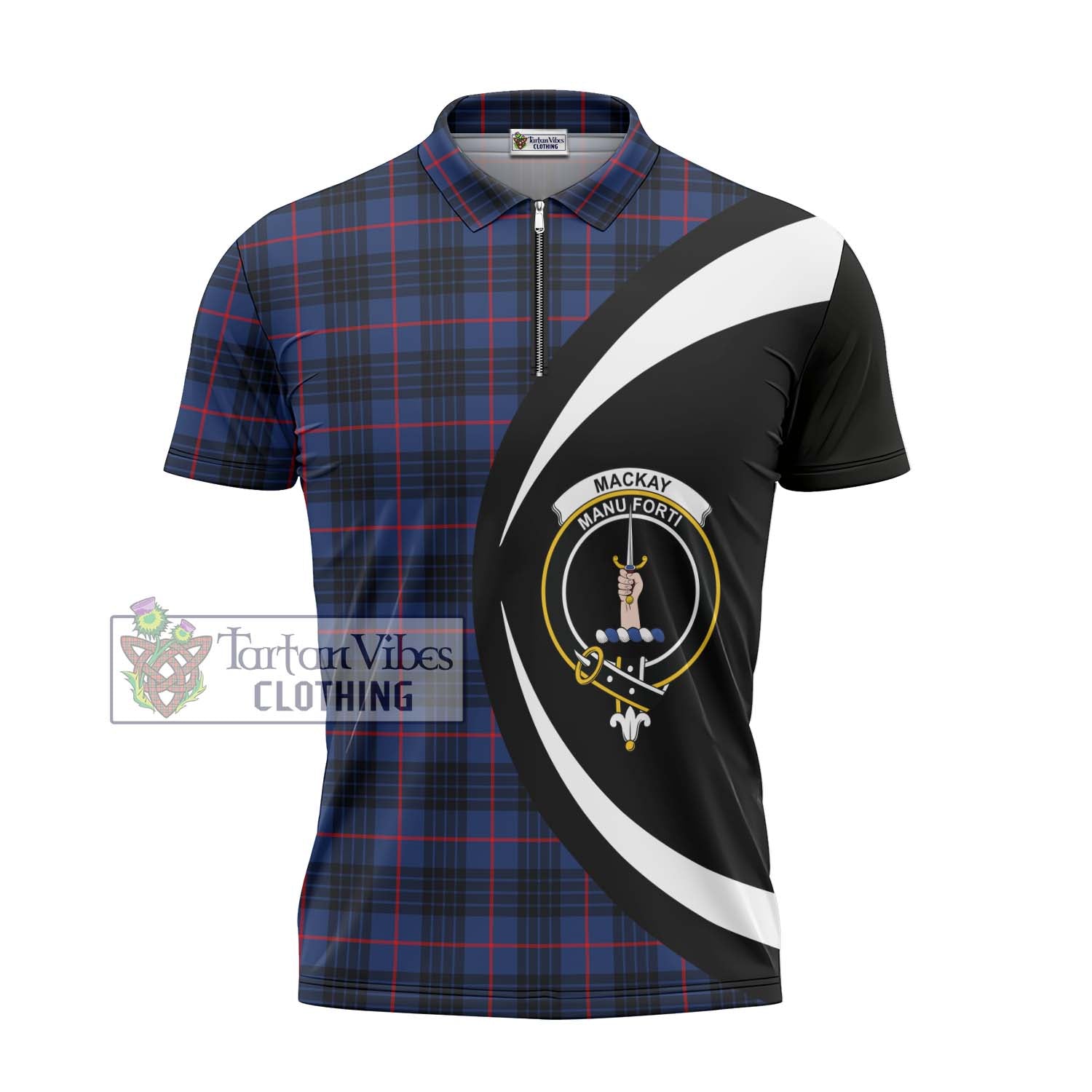 Tartan Vibes Clothing MacKay Blue Modern Tartan Zipper Polo Shirt with Family Crest Circle Style