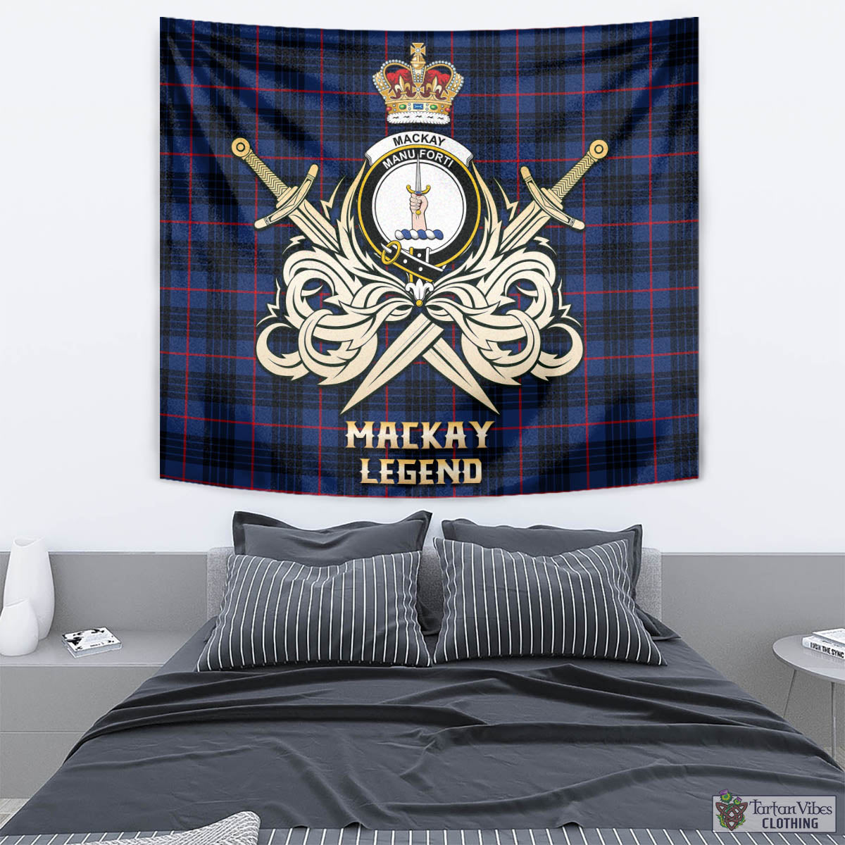 Tartan Vibes Clothing MacKay Blue Modern Tartan Tapestry with Clan Crest and the Golden Sword of Courageous Legacy