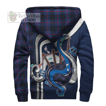 MacKay Blue Modern Tartan Sherpa Hoodie with Epic Bagpipe Style