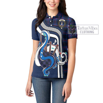 MacKay Blue Modern Tartan Women's Polo Shirt with Epic Bagpipe Style