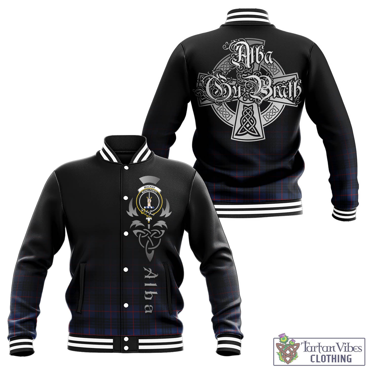 Tartan Vibes Clothing MacKay Blue Modern Tartan Baseball Jacket Featuring Alba Gu Brath Family Crest Celtic Inspired