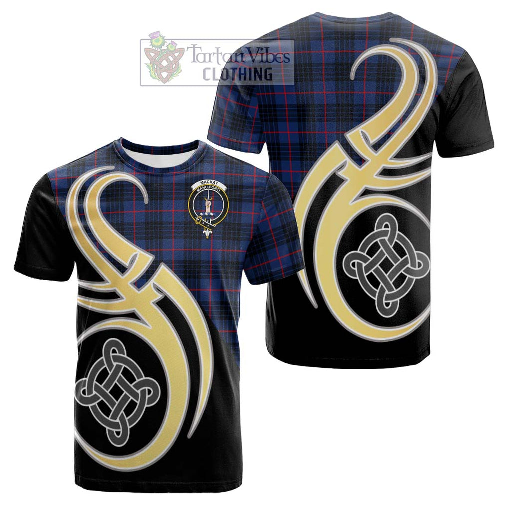 Tartan Vibes Clothing MacKay Blue Modern Tartan Cotton T-shirt with Family Crest and Celtic Symbol Style