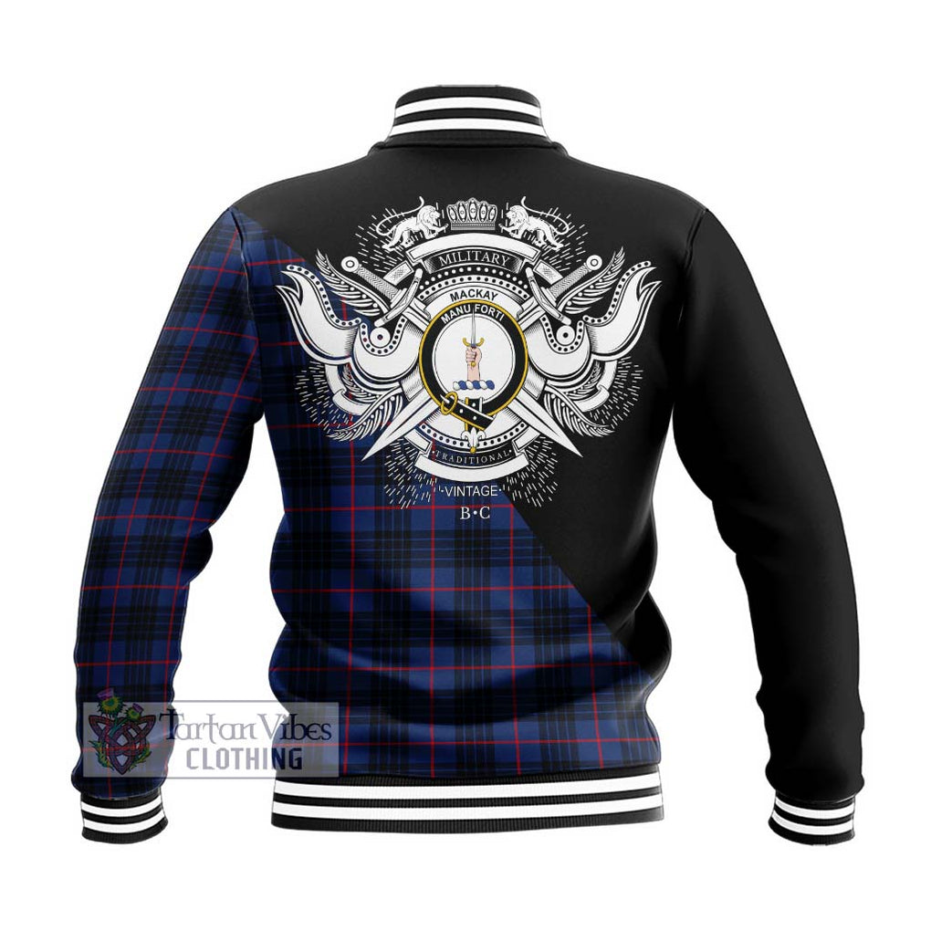 MacKay Blue Modern Tartan Baseball Jacket with Family Crest and Military Logo Style - Tartanvibesclothing Shop