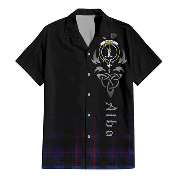 MacKay Blue Modern Tartan Short Sleeve Button Up Shirt Featuring Alba Gu Brath Family Crest Celtic Inspired