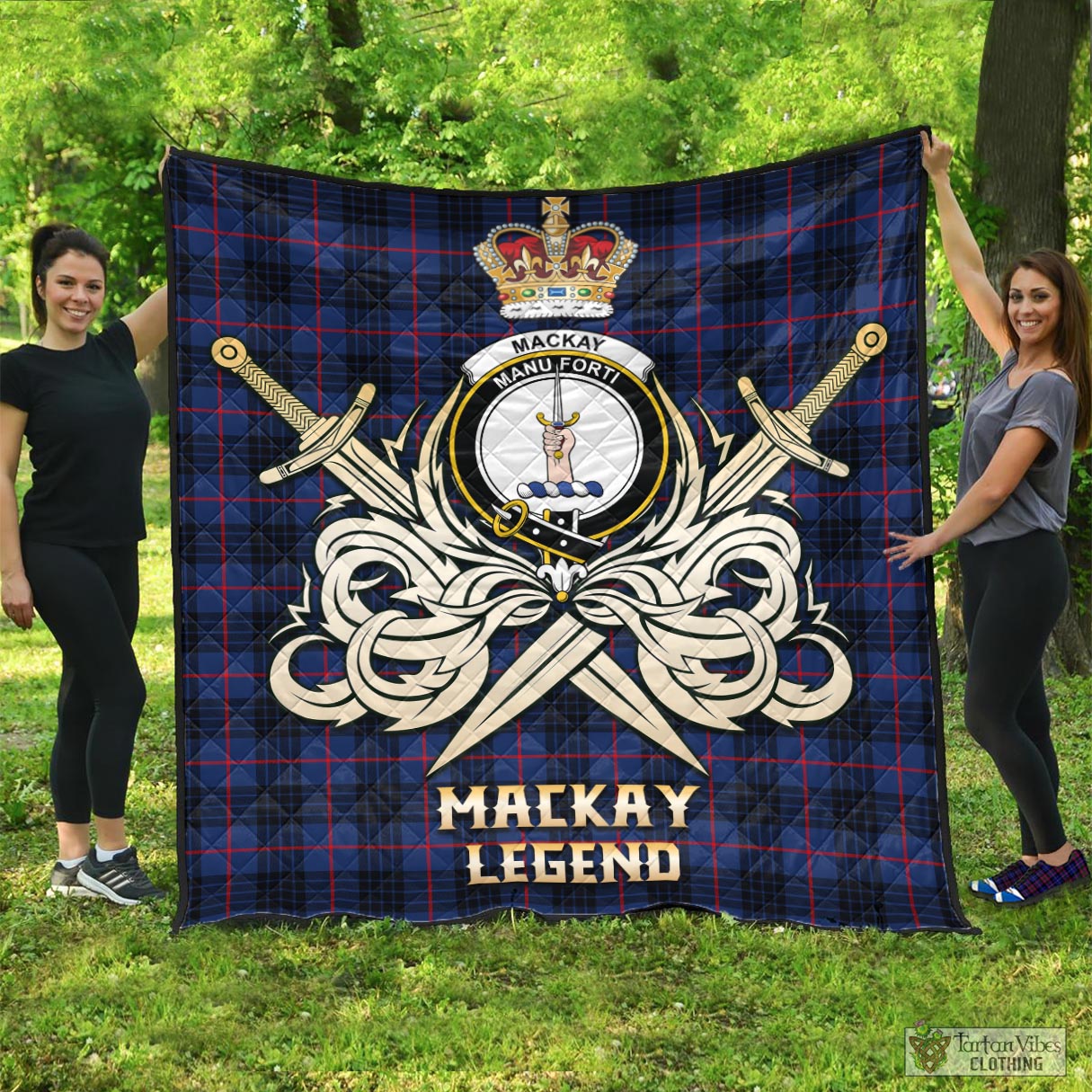 Tartan Vibes Clothing MacKay Blue Modern Tartan Quilt with Clan Crest and the Golden Sword of Courageous Legacy