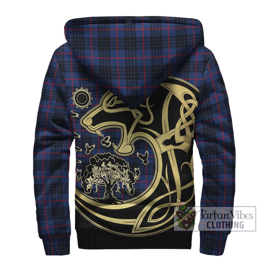 MacKay Blue Modern Tartan Sherpa Hoodie with Family Crest Celtic Wolf Style - Tartan Vibes Clothing