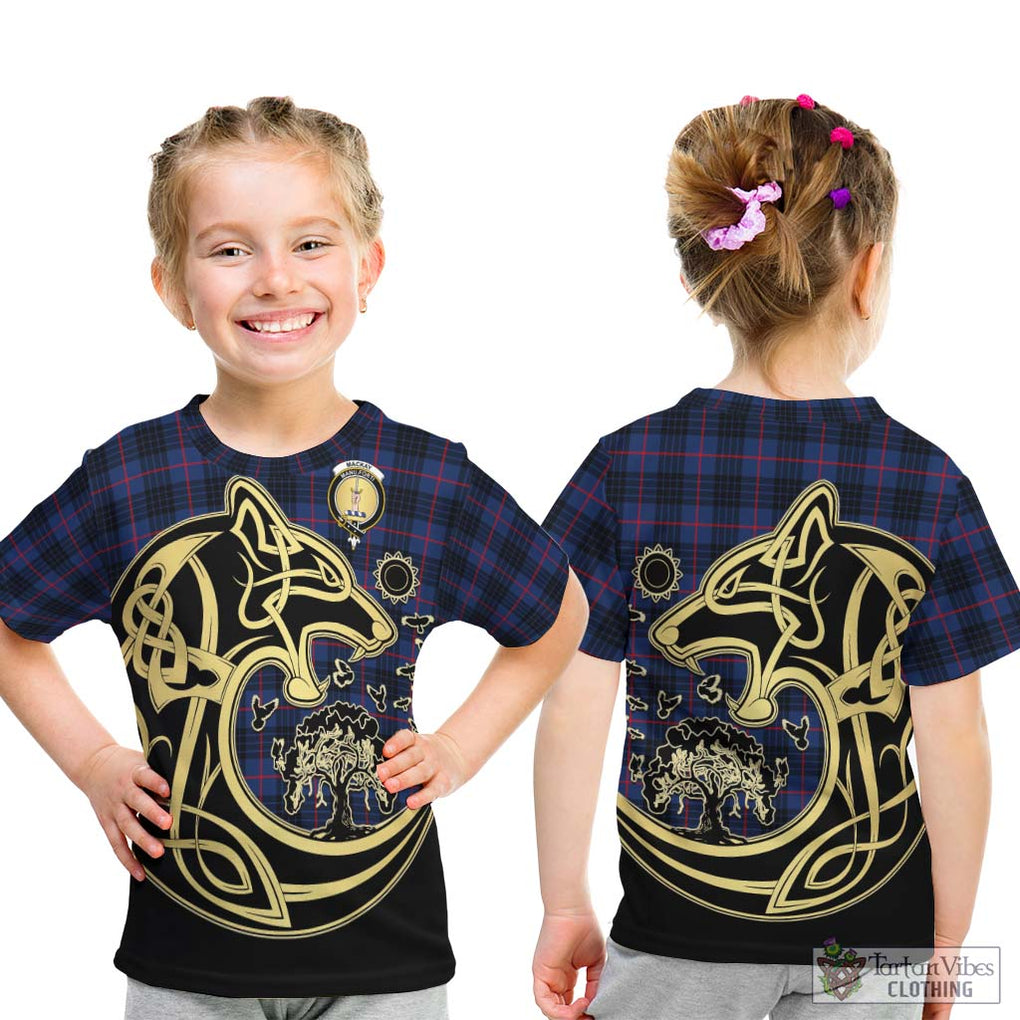 MacKay Blue Modern Tartan Kid T-Shirt with Family Crest Celtic Wolf Style - Tartan Vibes Clothing