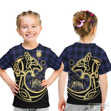 MacKay Blue Modern Tartan Kid T-Shirt with Family Crest Celtic Wolf Style