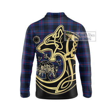 MacKay Blue Modern Tartan Long Sleeve Polo Shirt with Family Crest Celtic Wolf Style